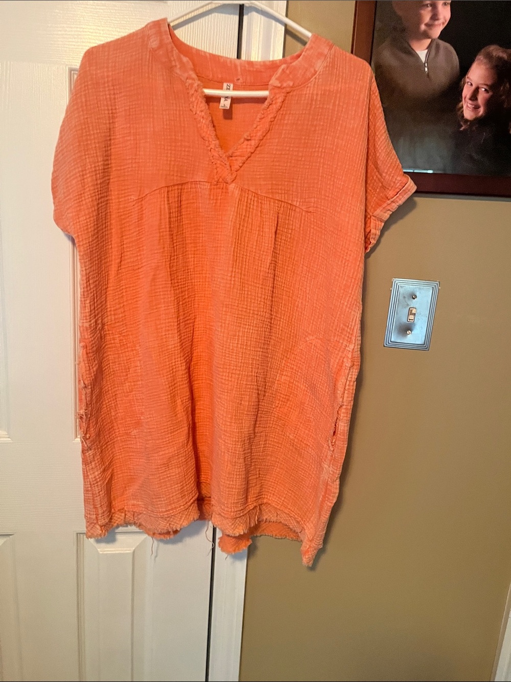 Zenana  Orange Gauze Knit Short Sleeve Tunic with pockets, size, large oversized